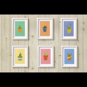 Sucs Succulent Potted Plant Abstract Paint Wall Art Set of 6 Prints 8.5x11 inch